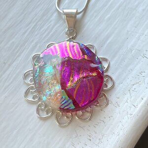 Beautiful Pink Multi Color Fused Dichroic Glass Flower Pendant